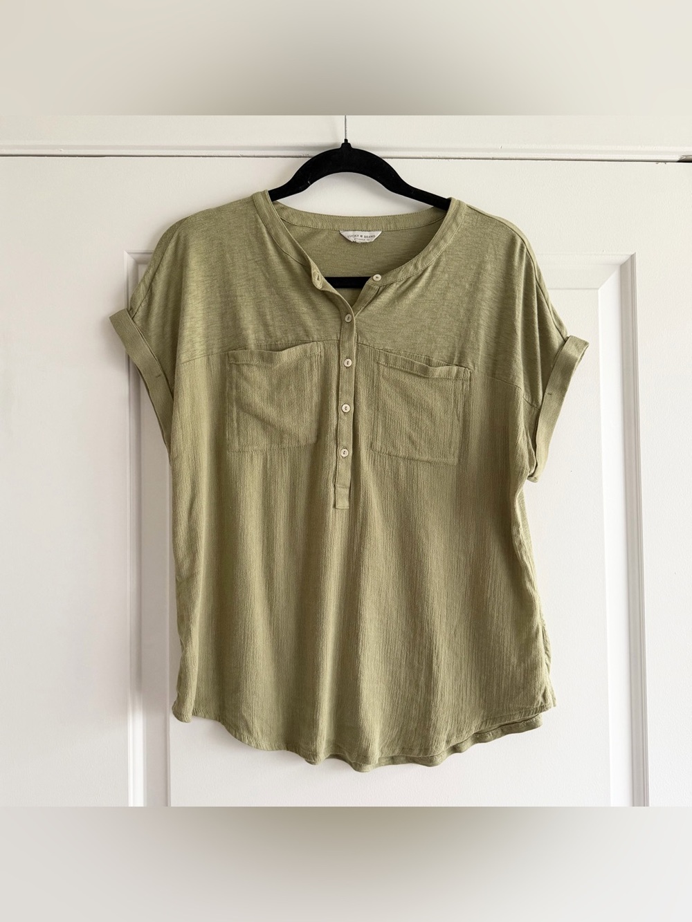 Lucky Brand Green Mixed Fabric Drop Shoulder Top